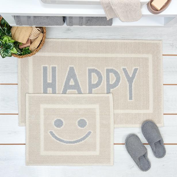 Double Bath Mat - Happy, Ecru / Gray - Qavunco